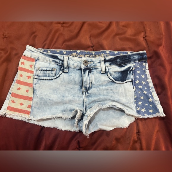Blue Asphalt American Flag Micro Denim Shorts Size 8 Cowgirl Americana Rodeo - Picture 1 of 5